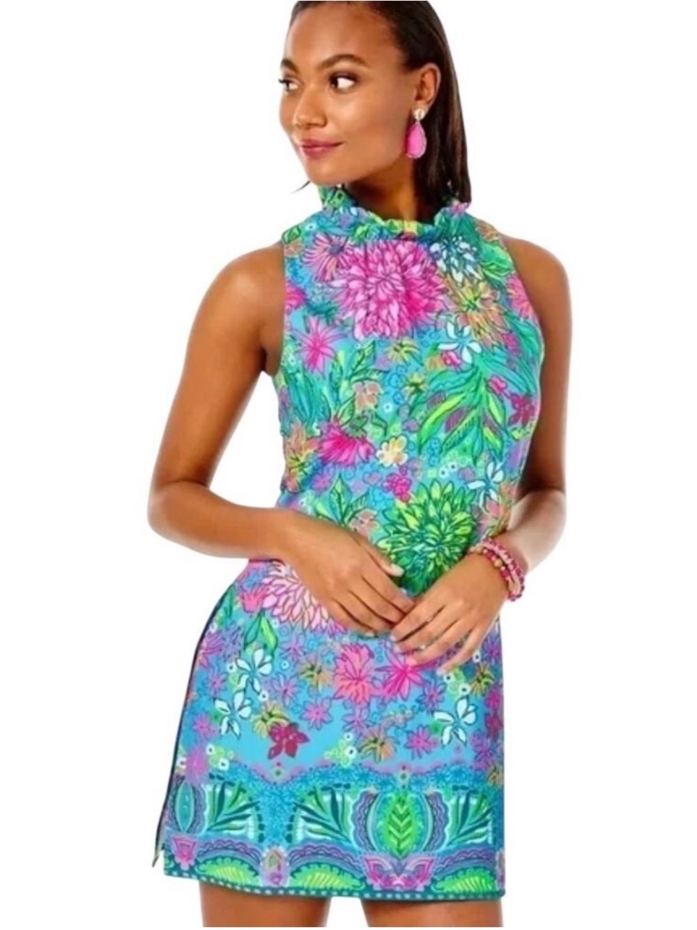 Lilly Pulitzer Turquoise Floral Romper with Pink & Green Accents
